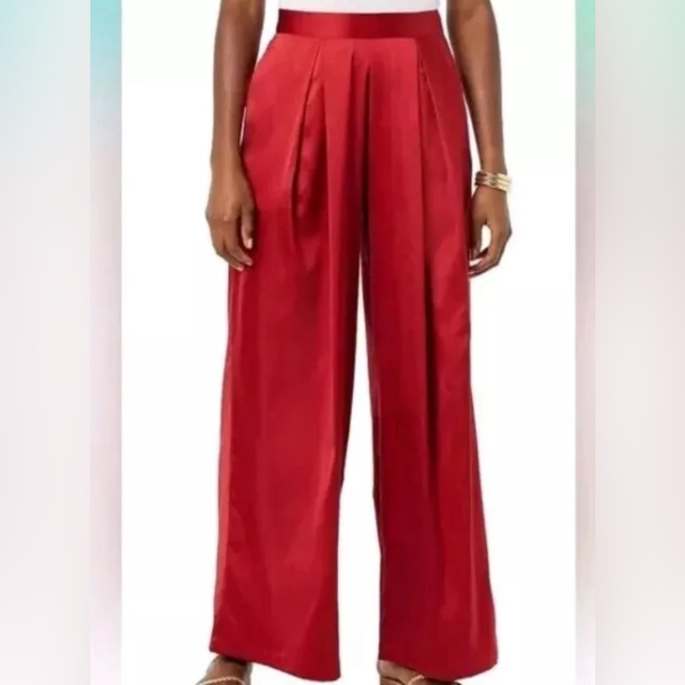MAKING THE CUT Women Red Satin Pants 3X Wide Leg Pocket NWT Plus Elastic Waist